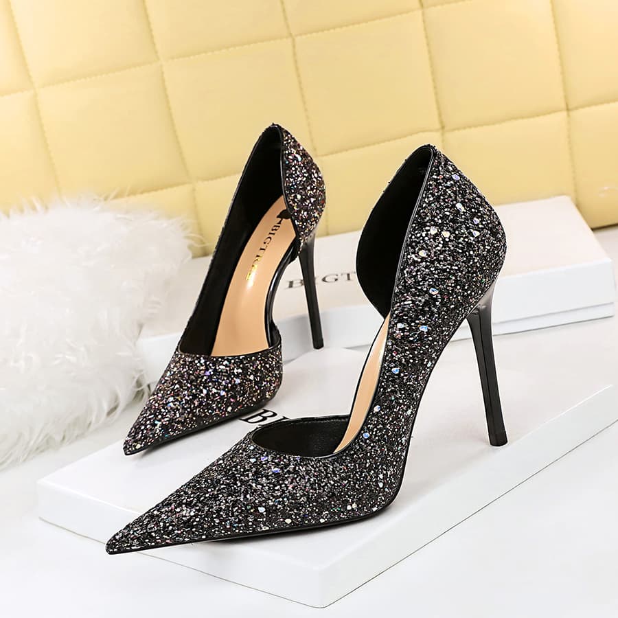 8829-3 Sexy Evening High Heels Stiletto Thin Heel Pointed Toe Side Cutout Sparkly Sequin Single Shoes