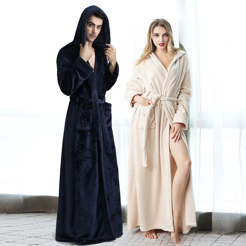 Thickened Extended Coral Fleece Robe with Hat for Women Men's Sleepwear Couples Plush Robe Luxury Elegant Style Polyester Fiber