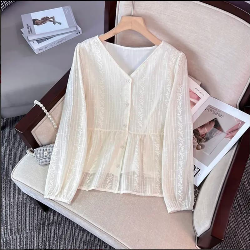 New spring and autumn all-match shirt embroidered French v-neck top women's fashion design waist chiffon to cover belly chiffon
