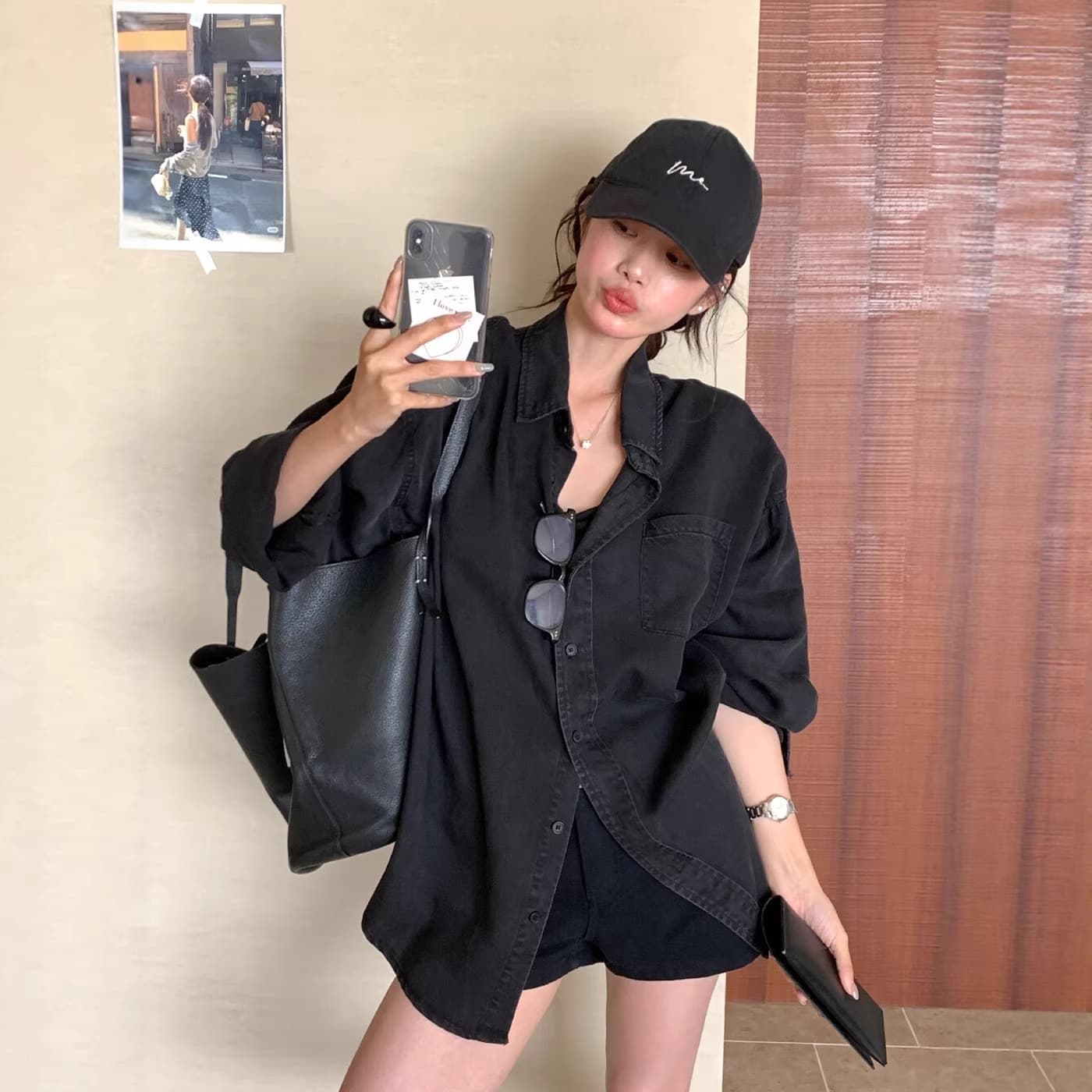 THE LIMON Lemon Green Tea Korean Retro Hong Kong Style Loose Black Shirt Women Boyfriend Style Sun Protection Cardigan