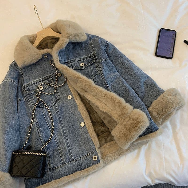 Women's Thick Fleece Denim Jacket 2025 Casual Loose Fit Warm Coat