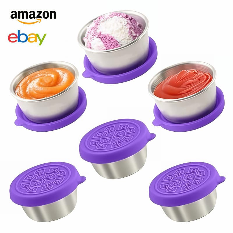 Amazon 304 Stainless Steel Sauce Cup Salad Dressing 1.6OZ Container with Silicone Lid Round Leak-proof Snack Box