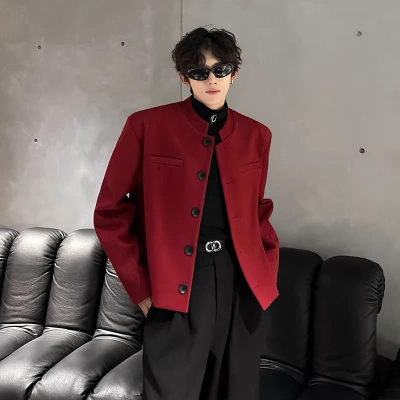Wine Red Shoulder Pad Stand Collar Short Suit Jacket for Men 2026 Spring Autumn New Loose Fitting Slim Blazer