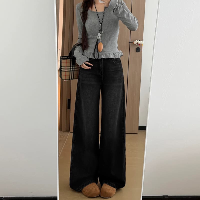 Black Gray Straight Leg Jeans for Women Summer New Plus Size Loose Slimming Pear Shape Flowy Wide Leg Pants