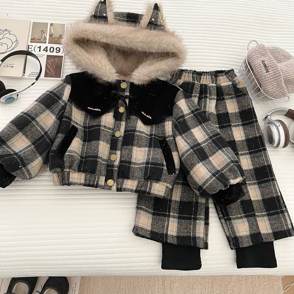 Girls Winter Fleece-Lined Hooded Set 2025 New Kids Korean Style Thickened Jacket Wide-Leg Pants Two-Piece Trendy