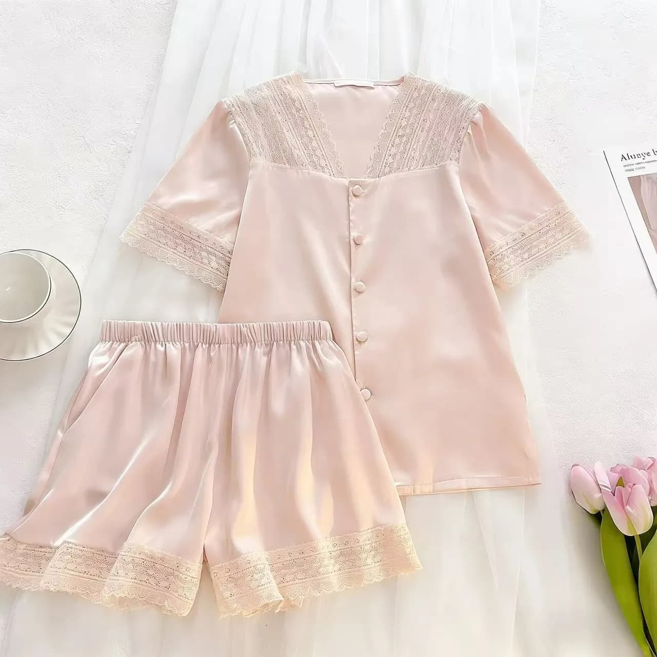 Women's Sexy Ice Silk Pajamas, Summer Short-Sleeve New Style 2026 Sweet Lace High-End Lace Homewear Set