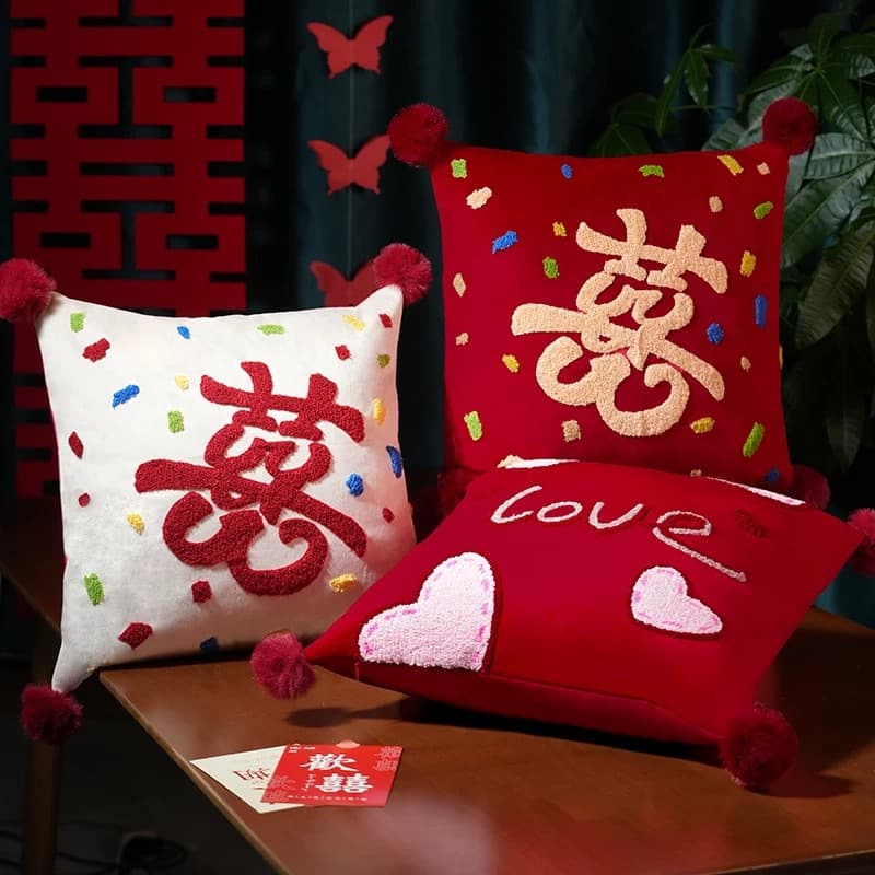 Wedding Celebration Throw Pillow Pair, Red Bedroom Living Room Bed Pressing Pillow, Wedding Decoration Plush Embroidered Happy Pillow Complete Set