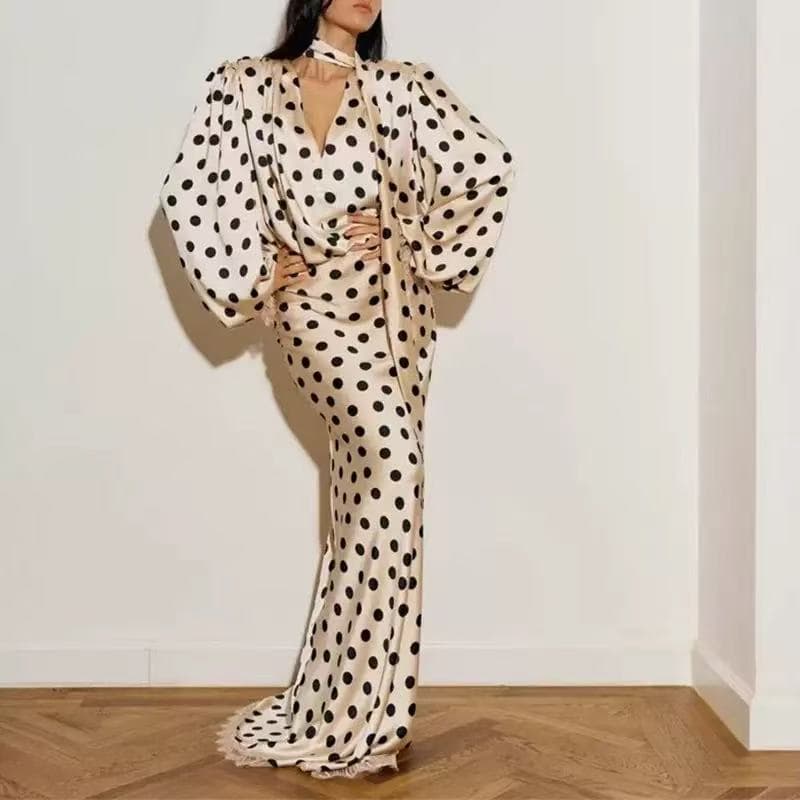 2026 New Style European and American Polka Dot Printed Satin Long Sleeve Shirt Wide-Leg Pants Set Women's Fashion Casual Office Two-Piece Set