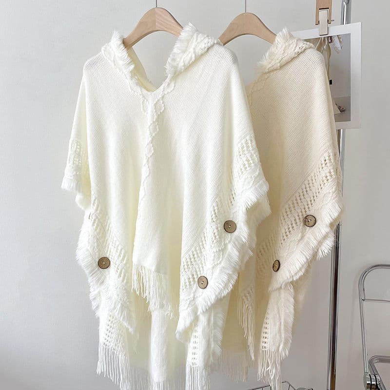 Women's Autumn/Winter Korean Style Versatile Beige Warm Plus Size Hooded Pullover Sweater with Buttons and Tassels