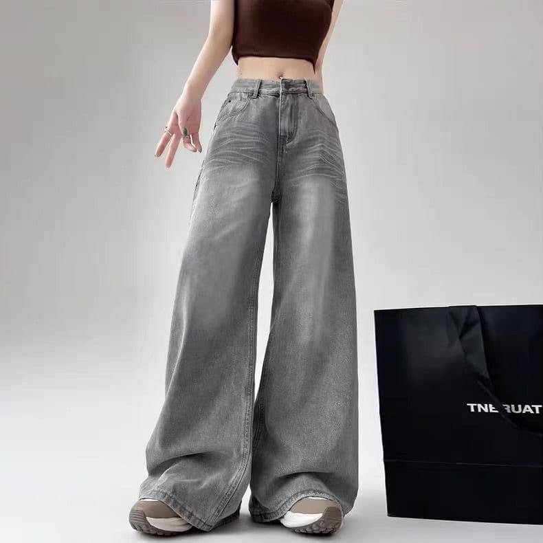 Vintage Gray Wide-Leg Jeans for Women 2025 Spring/Autumn New Loose Distressed Design American Straight Wide-Leg Pants