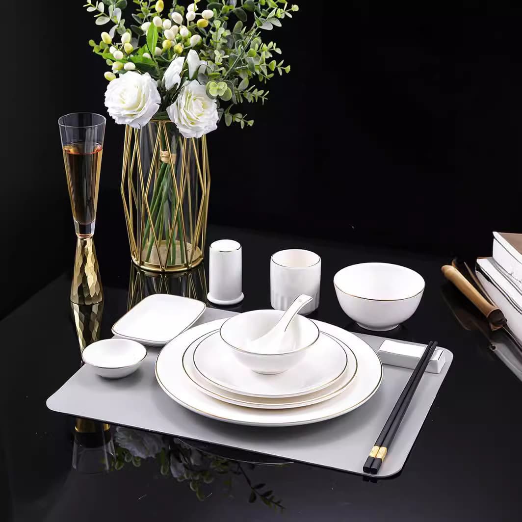 Hotel Club Ceramic Gold Trimmed Display Tableware, New Chinese Style High-End Bowl, Plate, Dish Set, Three-Piece or Four-Piece Set