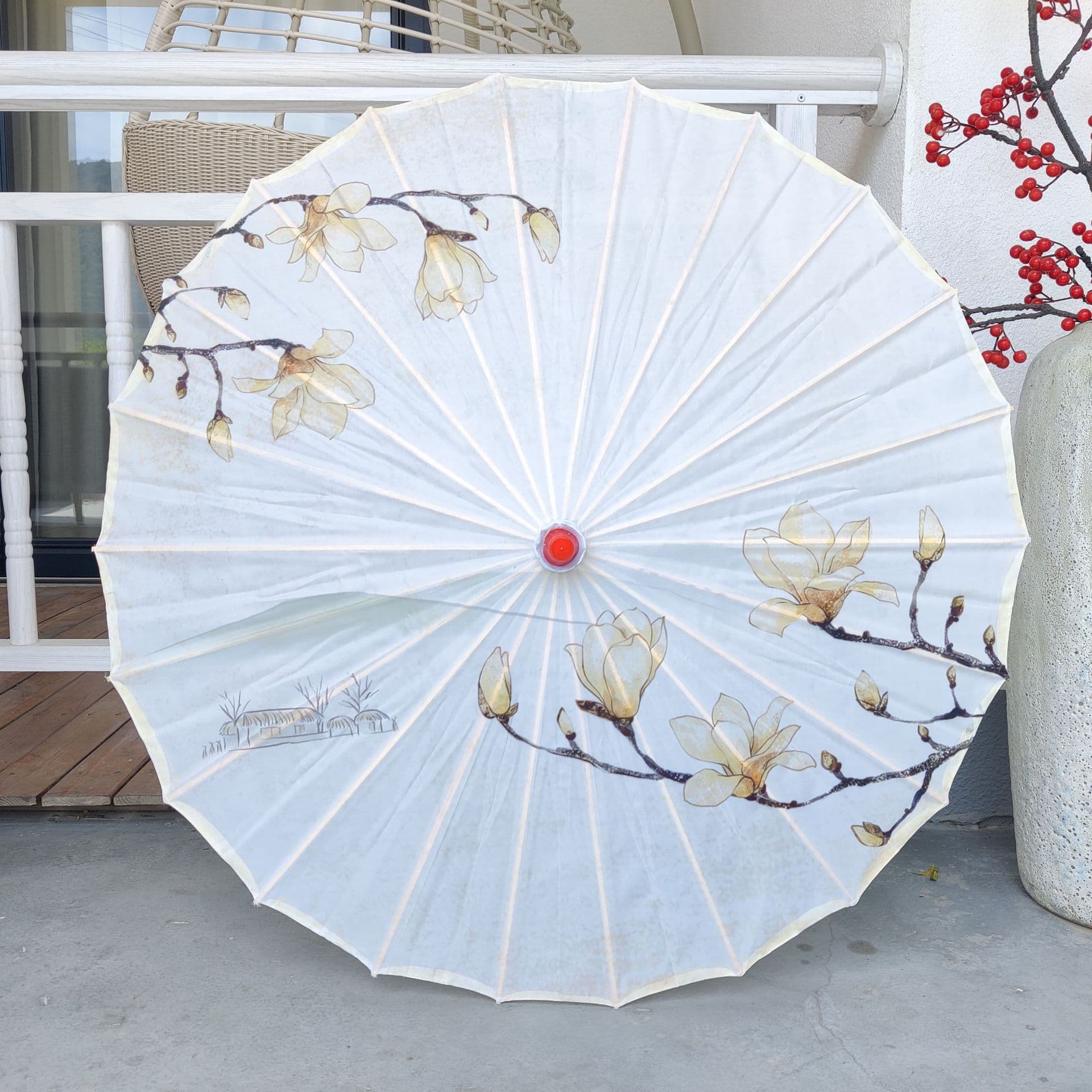 Cloth bag with Chinese style printed ceiling decoration, oil paper umbrella, fashion show dance performance prop, ancient style craft umbrella, silk umbrella