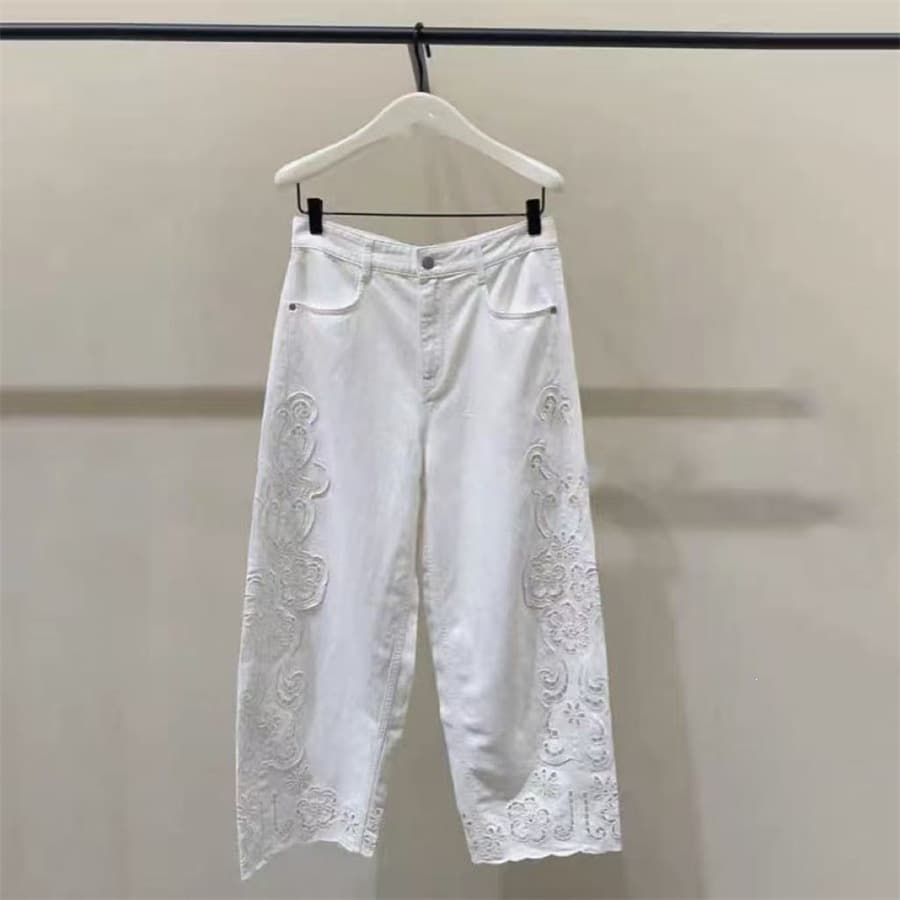 French Style Niche 2026 Summer New Casual Loose Straight Hollow Embroidery Ankle Jeans