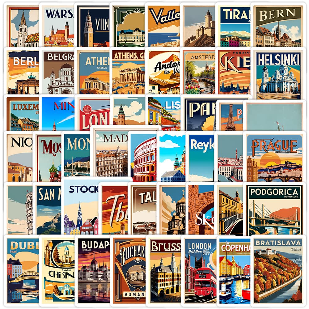 50 European Travel Doodle Stickers Waterproof Decals for Water Bottles, Laptops, Phones Creative Travel Stickers Wholesale