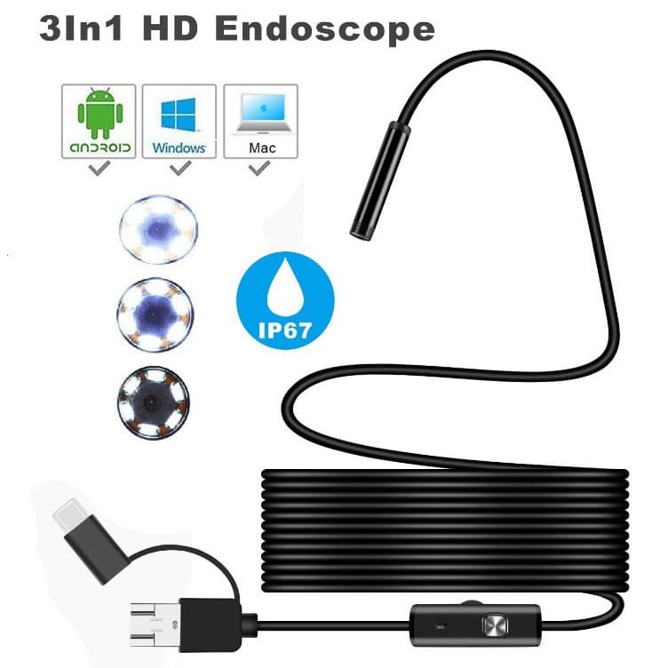 1080P HD 3-in-1 Phone Endoscope 8mm Waterproof Industrial Pipe Auto Repair Inspection Camera 1-10m Wide Angle