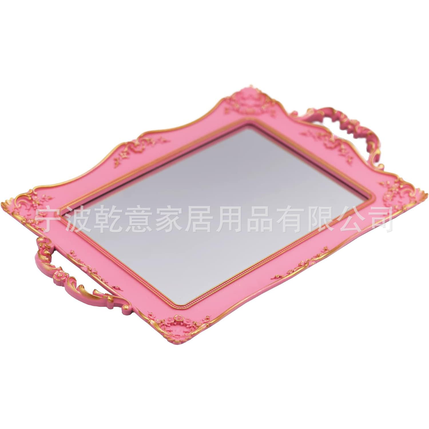 Vintage Decorative Pink Frame Square Mirror Tray, Jewelry and Cosmetic Storage Box, Suitable for Dressing Table