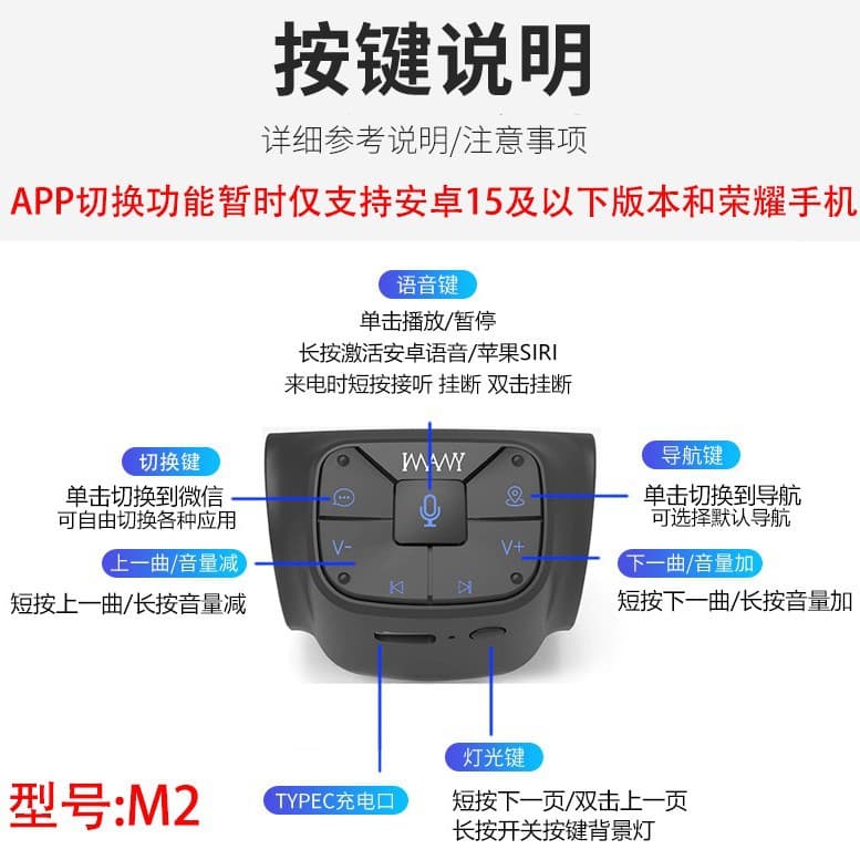 Yiman Technology Car Bluetooth Control Switch Navigation Music Playback Steering Wheel Assistant Driving Assistant Source Factory M2