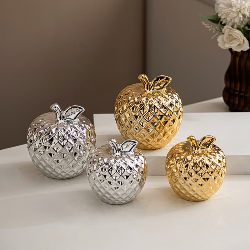 Modern Ceramic Gold and Silver Apple Decorative Ornament, Minimalist Home Living Room Table Decor, Christmas Gift