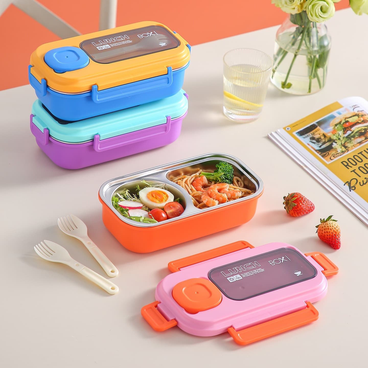 Simple 304 Stainless Steel Double-Compartment Lunch Box for Students, Portable Canteen Packed Lunch Box for Office Workers, Dip Box