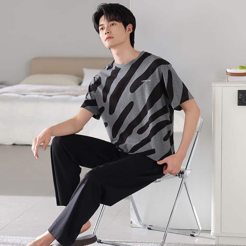[Pure Cotton] Men's Pajamas Summer Short Sleeve Long Pants Simple Style Youth Cotton Homewear Two-Piece Set