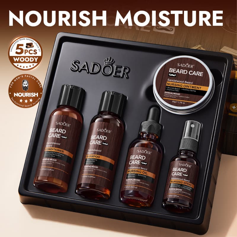 SADOER Sandalwood Beard Care 5-Piece Set: Anti-Frizz, Moisturizing, Smoothing Men's Facial Care Kit for Cross-Border Sales