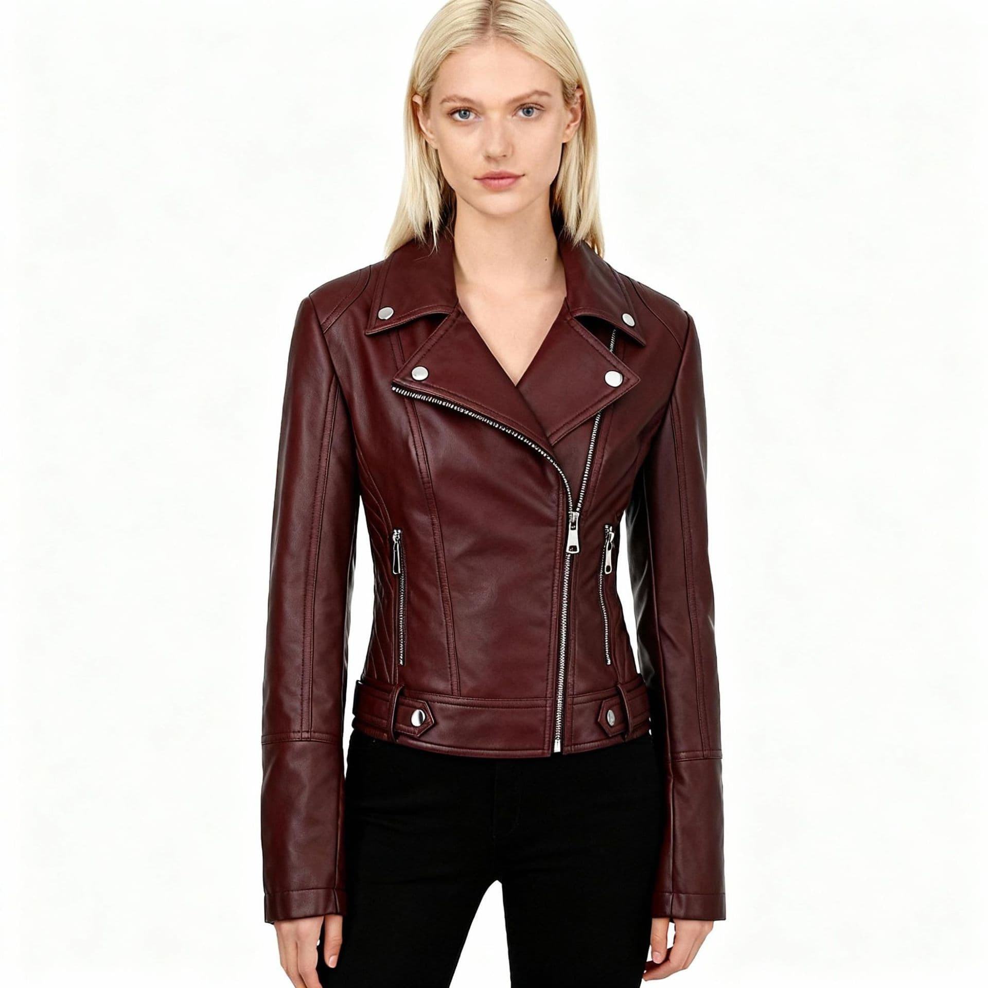 Foreign trade new autumn and winter PU leather motorcycle ladies lapel jacket multi-zipper design slim short jacket