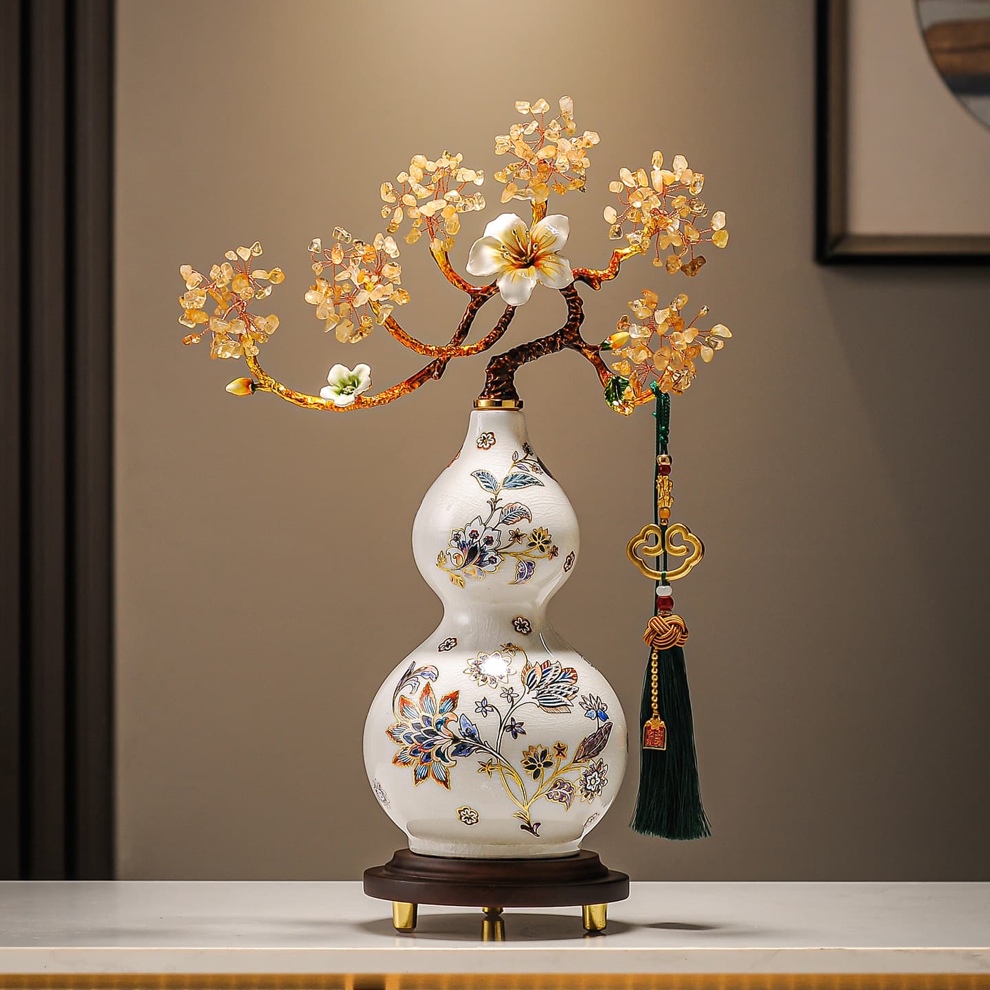 New Chinese Style Yellow Crystal Gourd Decoration Entryway Niche Living Room TV Cabinet Wine Cabinet Decor High-End Feel