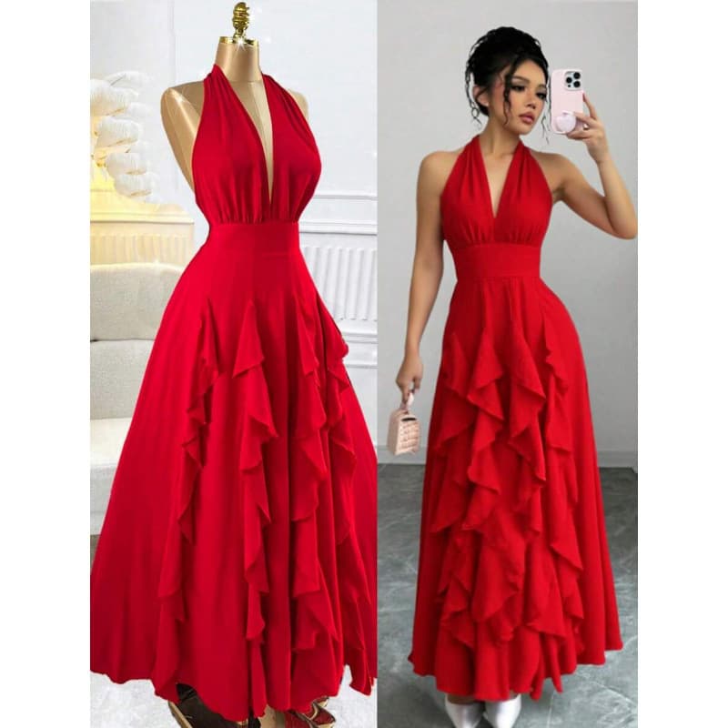 Women Dresses Red Bohemian Romantic Elegant Wedding Guest Graduation Dress