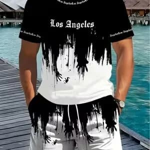 2026 new cross-border casual sports short-sleeved T-shirt summer gradient letter round neck men's T-shirt shorts suit