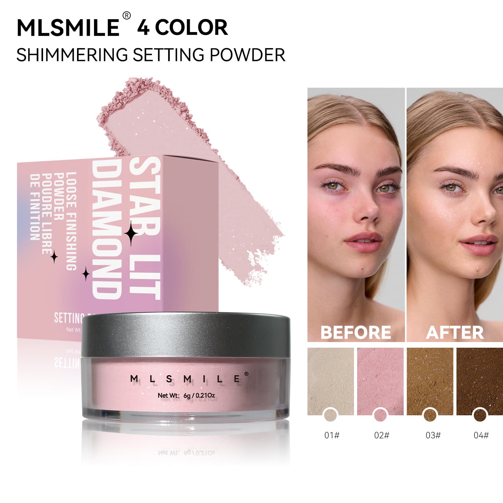 MLSMILE Cross-border Pearlescent Loose Powder Repairing and Setting Powder Light Mist Oil Control Concealer Waterproof Matte Setting Powder
