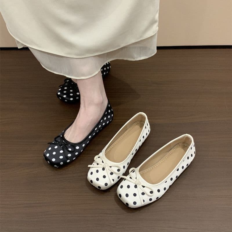 French Retro Polka Dot Mary Jane Shoes for Women, Ballet Flats with Square Toe and Bow, Versatile for Commuting, Soft-Soled Single Shoes