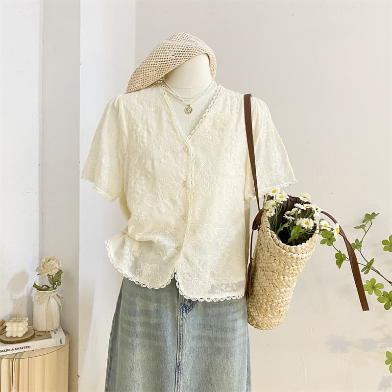 French Style Lace V-Neck Short Sleeve Blouse Women 2025 Summer Short Gentle Age-Reducing Korean Embroidery Top
