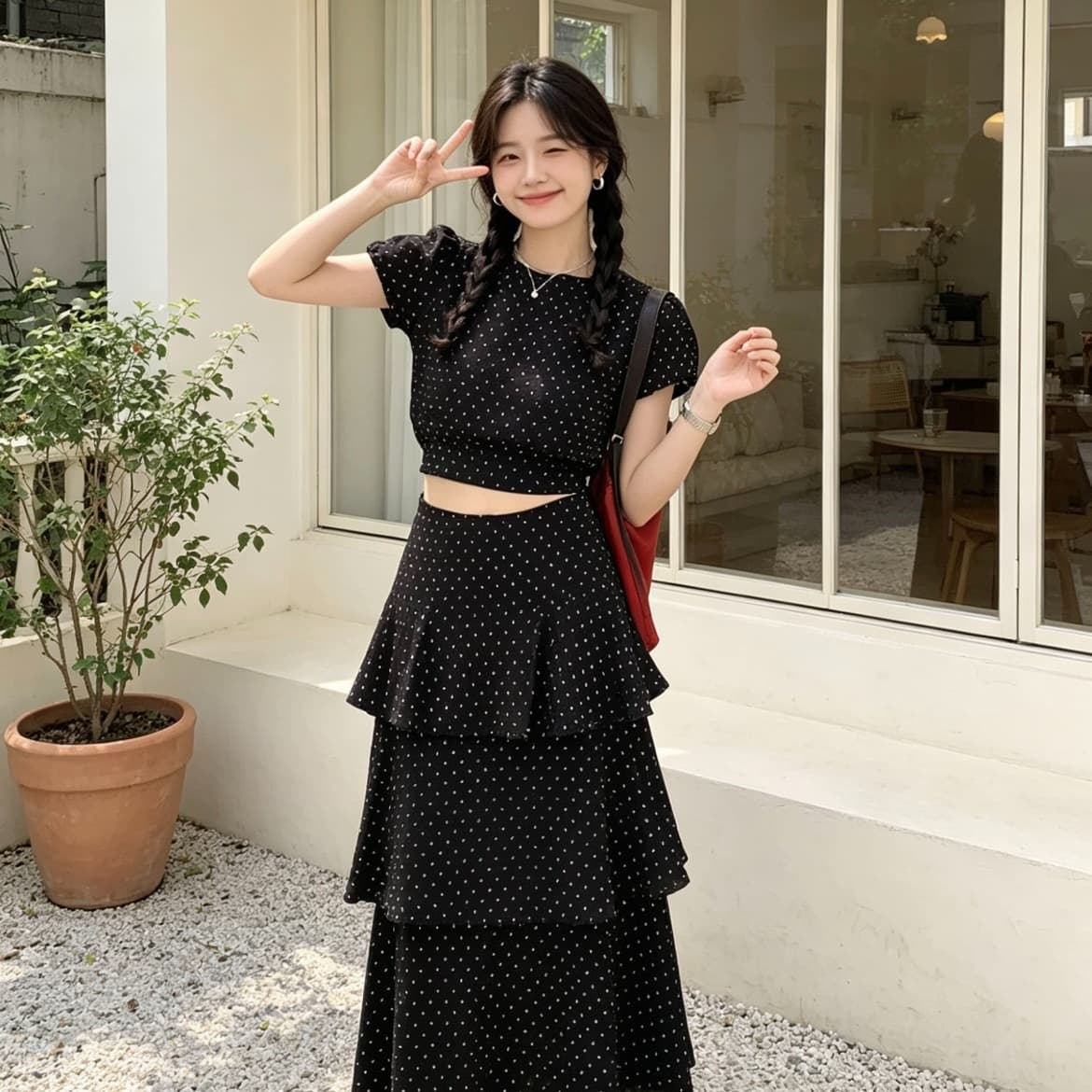 Summer New Set Women 2026 Polka Dot Crop Top + Skirt Cake Midi Dress Design Two-Piece Set