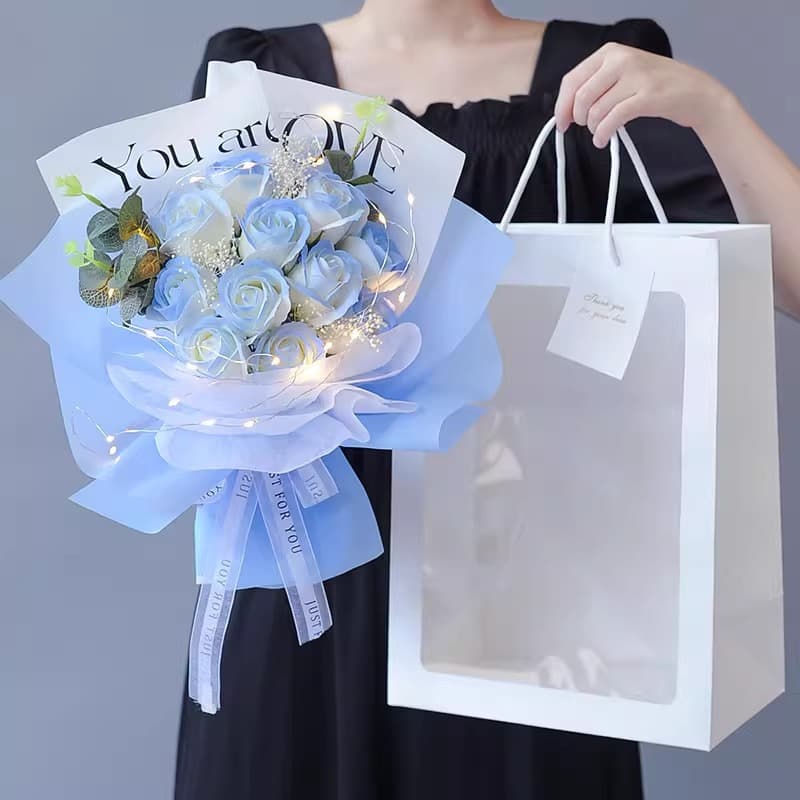 Crushed Ice Blue Starry Sky Soap Rose Bouquet for Valentine's Day, Birthday Gift for Girlfriend, Hand Bouquet, Mother's Day Gift