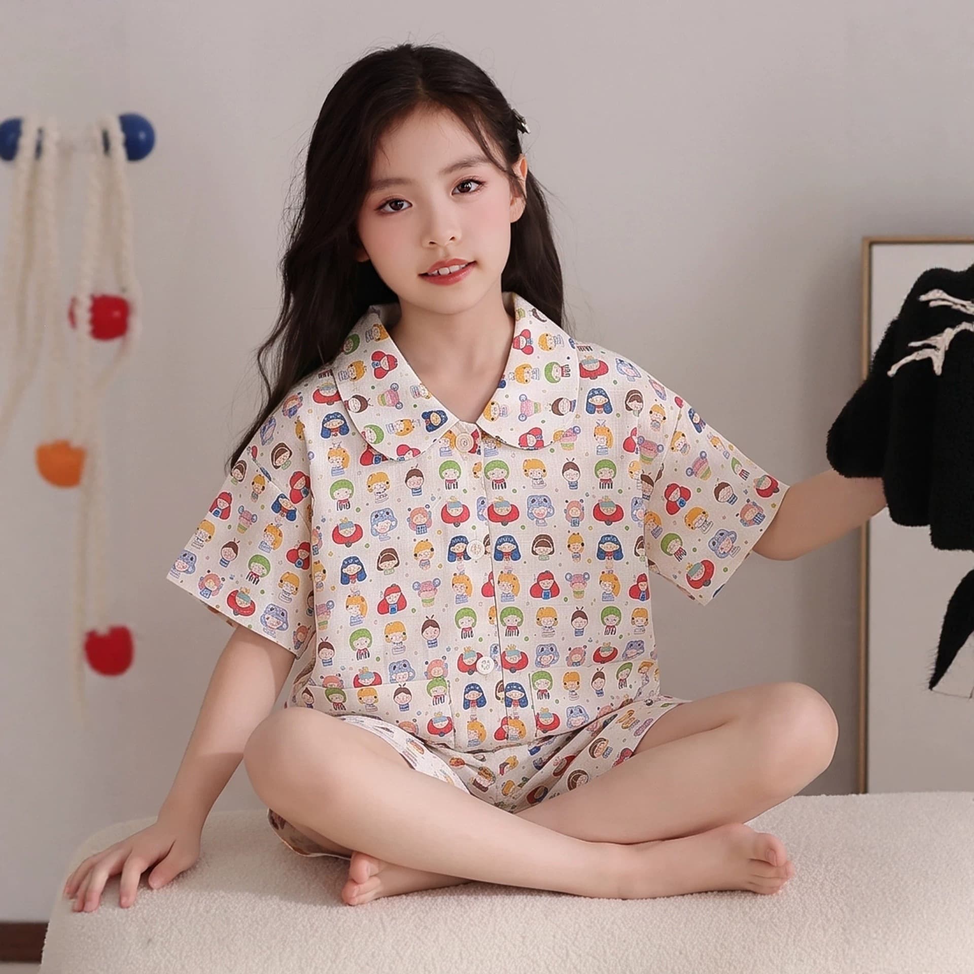Girls' pajamas, children's summer double-layer cotton gauze short-sleeved home clothes, pure cotton thin parent-child mother-daughter breathable air-conditioned clothes