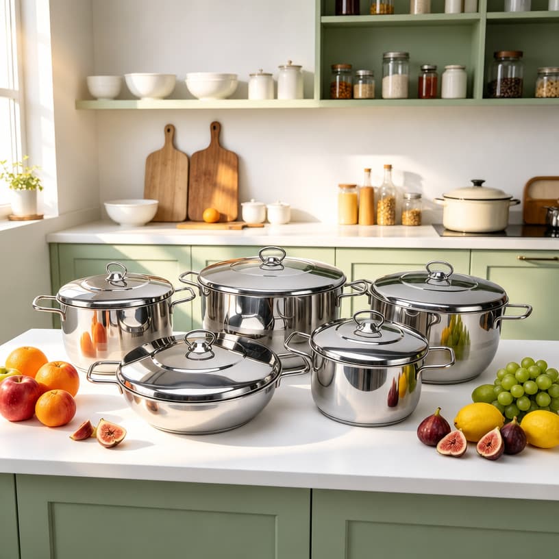Cross-border Wholesale Stainless Steel Cookware 5-Piece Set Double Ear Stockpot Milk Pot Set Kitchen Cooking Gas and Induction Compatible