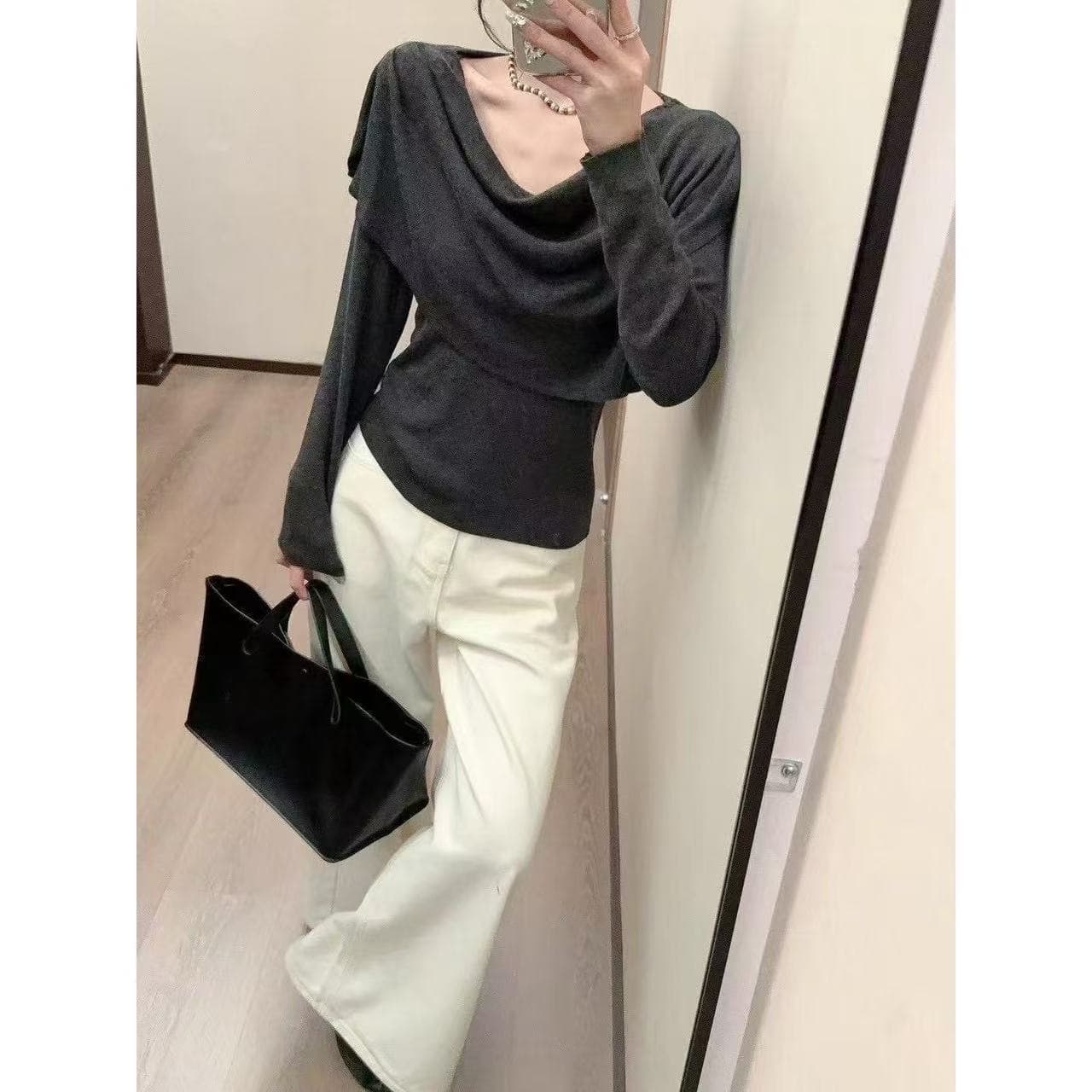 Early autumn high-end new temperament design swing collar shawl bottoming two-piece set slim sweater autumn long-sleeved top