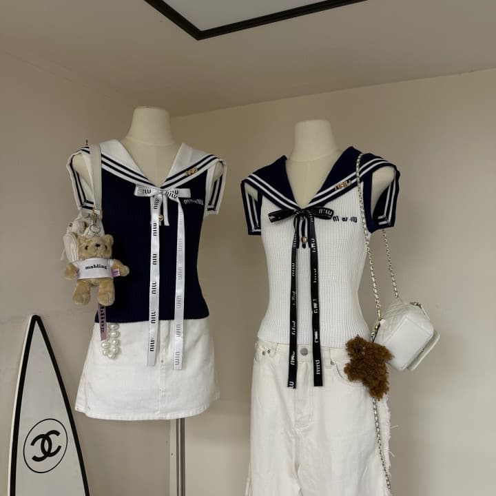 Spot Correct High Version Real Shot MM Letter Embroidery Ribbon Bow Decoration Navy Style Shawl Collar Pin Vest