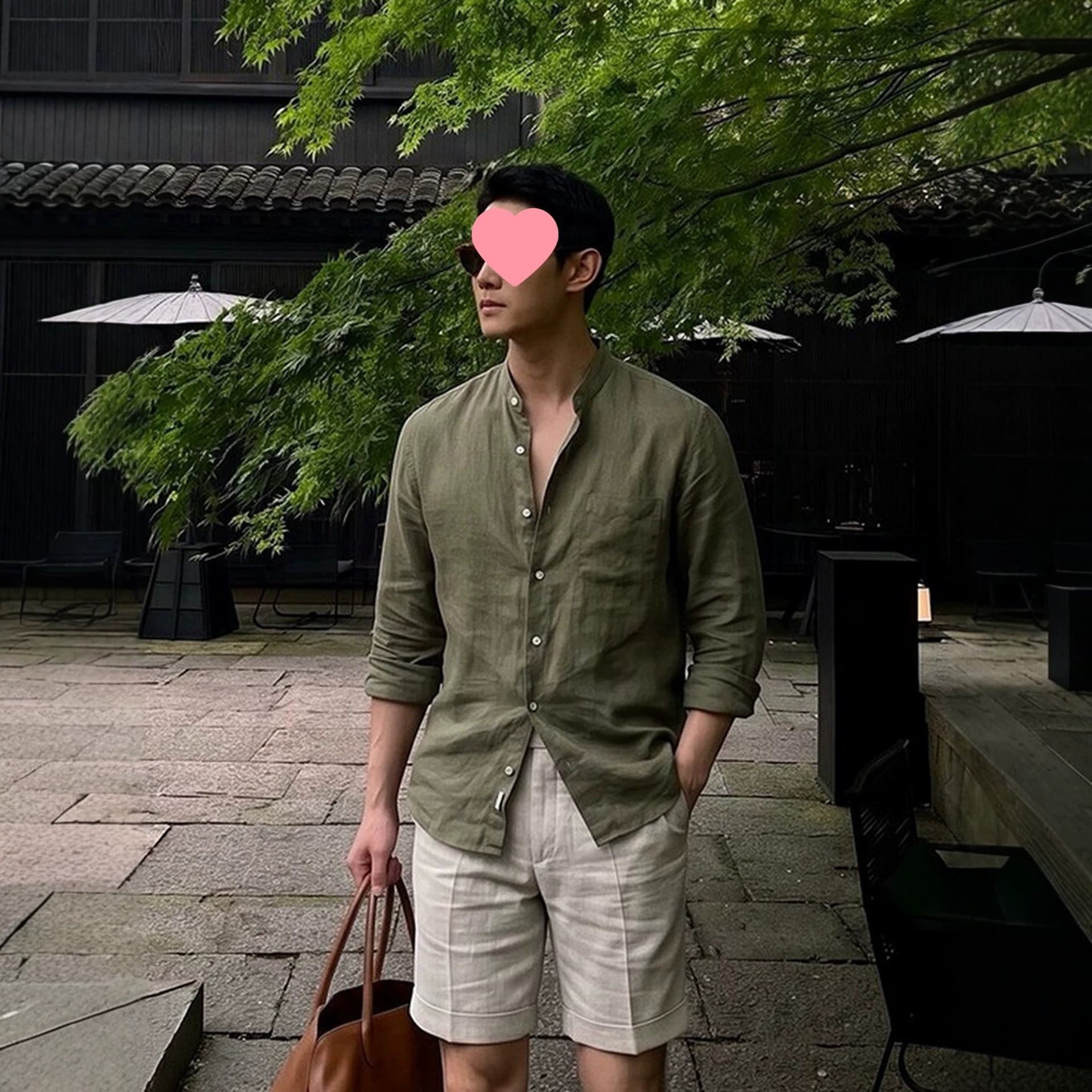 Military Green Linen Shirt for Men, Summer Thin Style, Chinese Stand Collar, Mature Old Money Vibe, Relaxed and Loose Long Sleeve Shirt