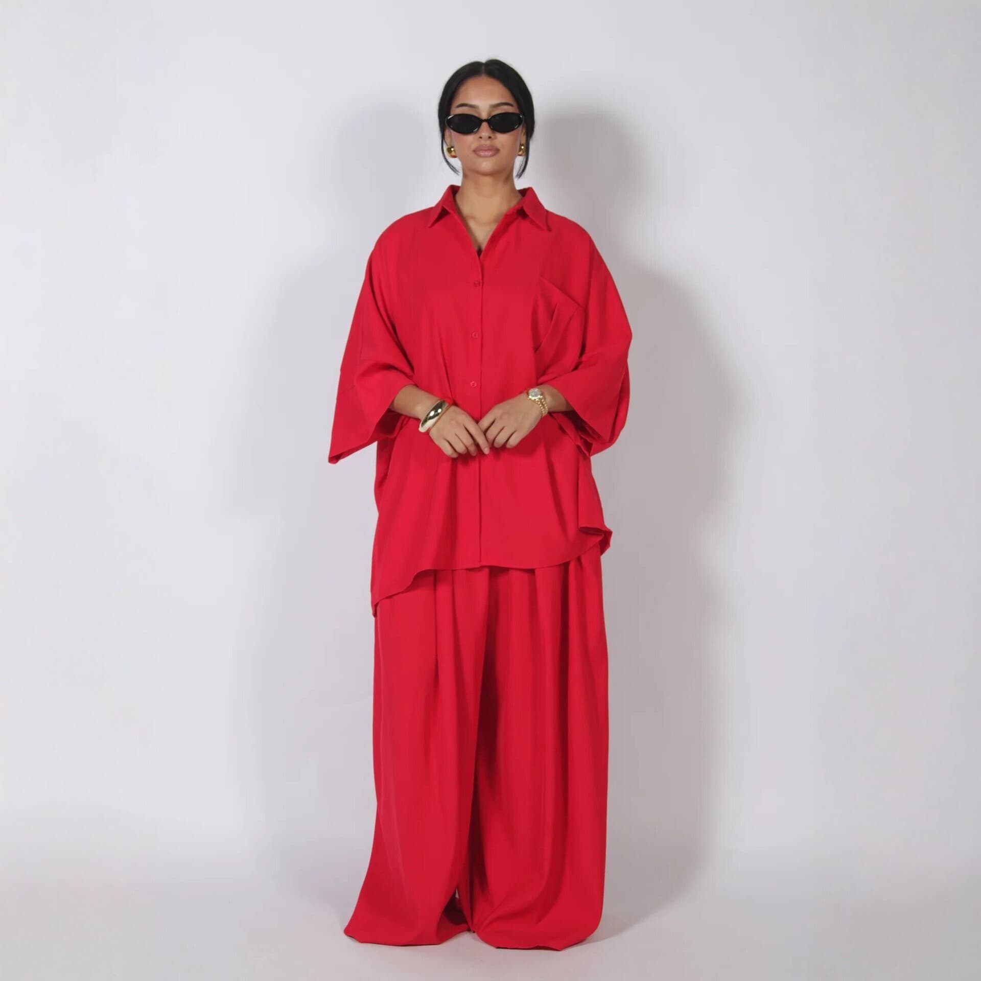 European and American cross-border women's clothing 2026 new fashion casual solid color loose large size shirt wide leg trousers two-piece suit
