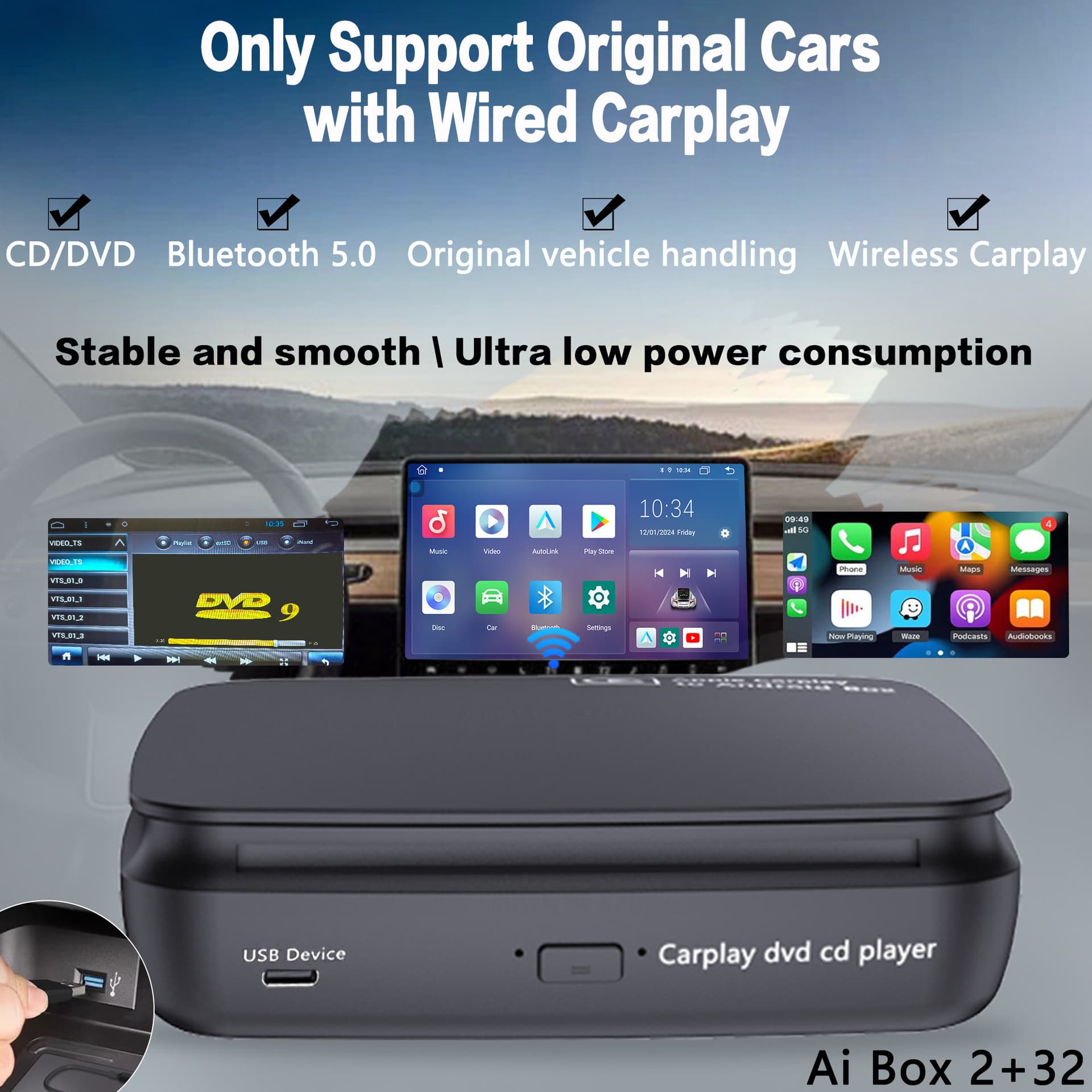 CAR CD PLAYER WITH ANDROID MIRROR-LINK AND CARPLAY IN 2+64G