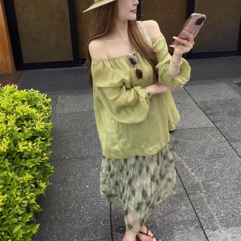 Korean Dongdaemun Women's High-Quality Linen Blouse + Floral Pleated Slimming Skirt Two-Piece Set