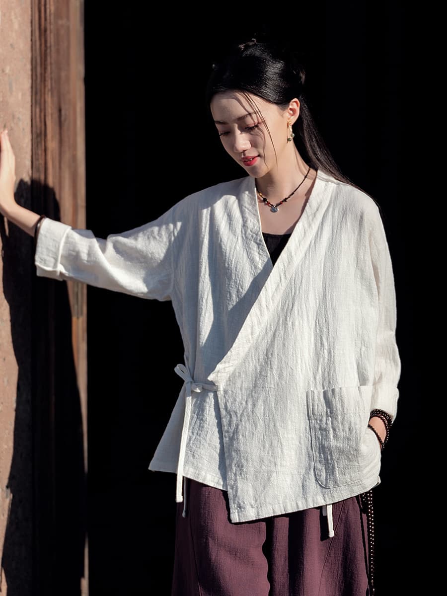 26 Linen Women's New Retro Zen Style Cross-front Loose Linen Tie Hanfu Top Jacket Women's Zen Tea Wear