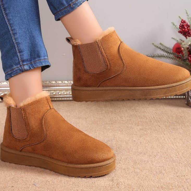 New Winter Snow Boots for Women, Warm Solid Color Plus Size Fur-Lined Cotton Boots with Elastic Band, Thick Sole Short Ankle Cotton Shoes
