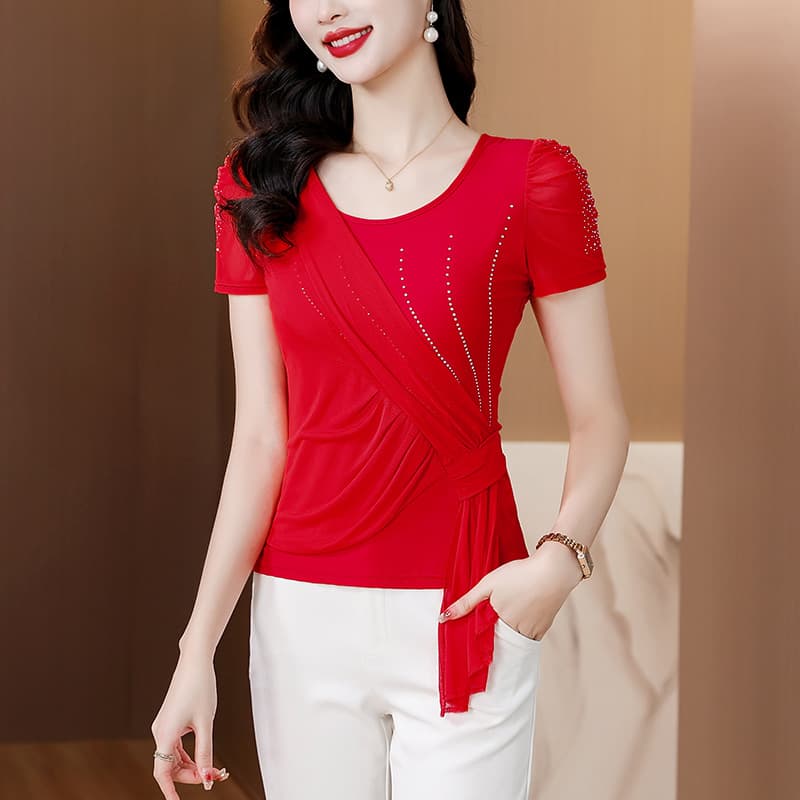 Base Rhinestone Blouse Women Spring 2025 New T-Shirt Women Design Waist-Tightening Fashionable Top Square Dance Wholesale