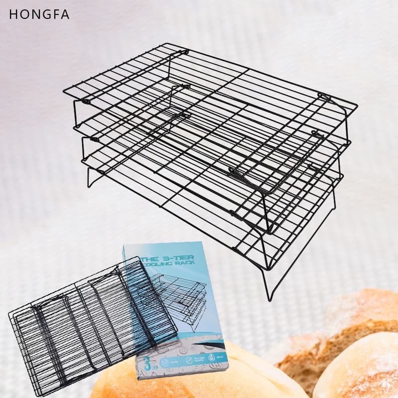 Three-layer carbon steel baking rack for cakes and bread, portable and foldable non-stick cooling rack for cookies and glaze.