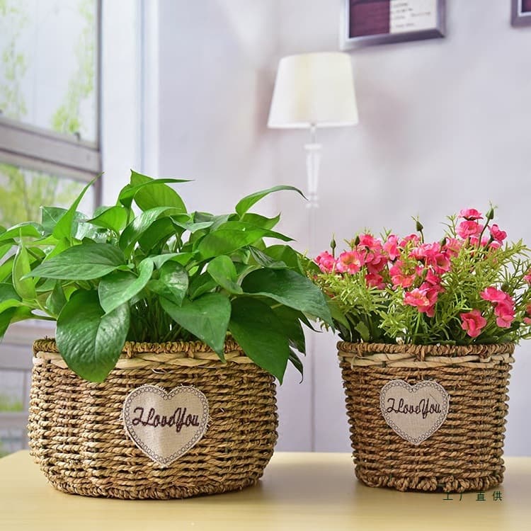 Straw Flower Basket Indoor Desktop Decoration Green Plant Flower Pot Pastoral Handmade Rattan Succulent Flower Pot Creative Pothos Flower Pot