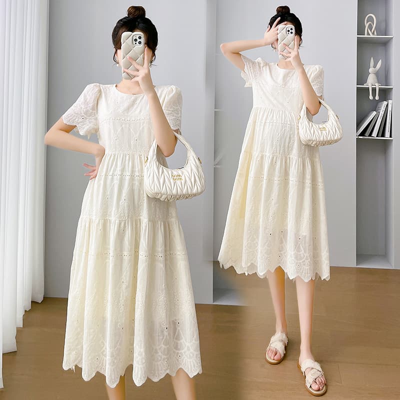 Maternity Wear 2026 Summer New Style Elegant Embroidered Round Neck Fashionable Mid-Length Maternity Dress