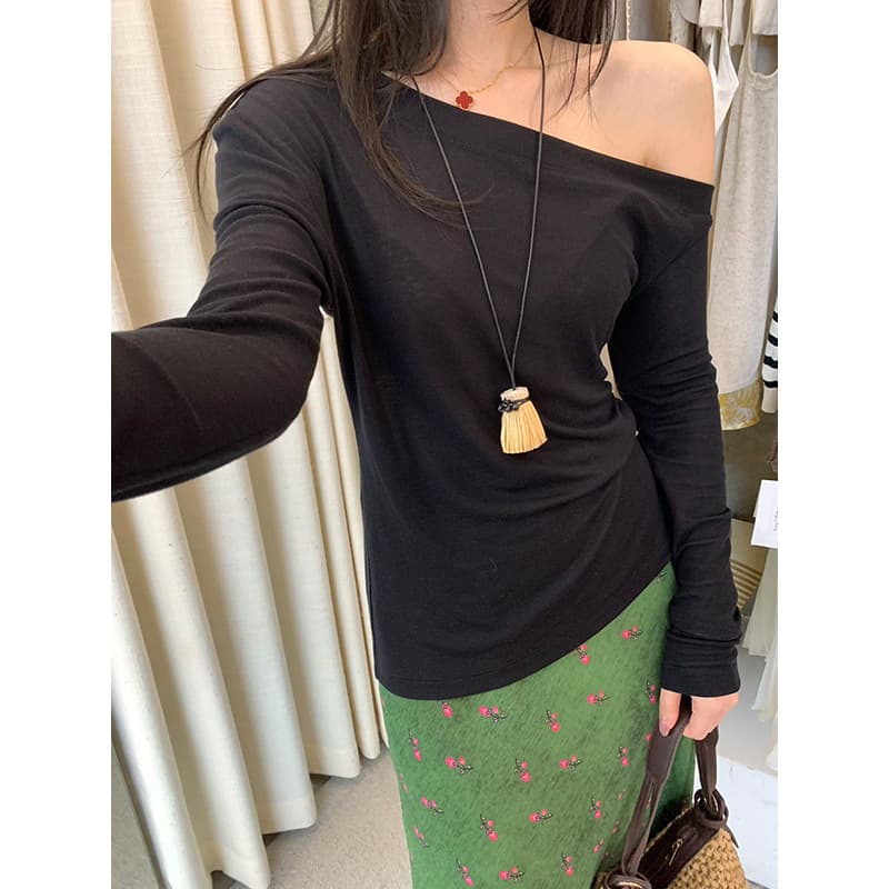 FOX ROOM Tencel Wool Slant Neck Thin Long Sleeve T-Shirt 2026 Summer Versatile Off-Shoulder Top JC056