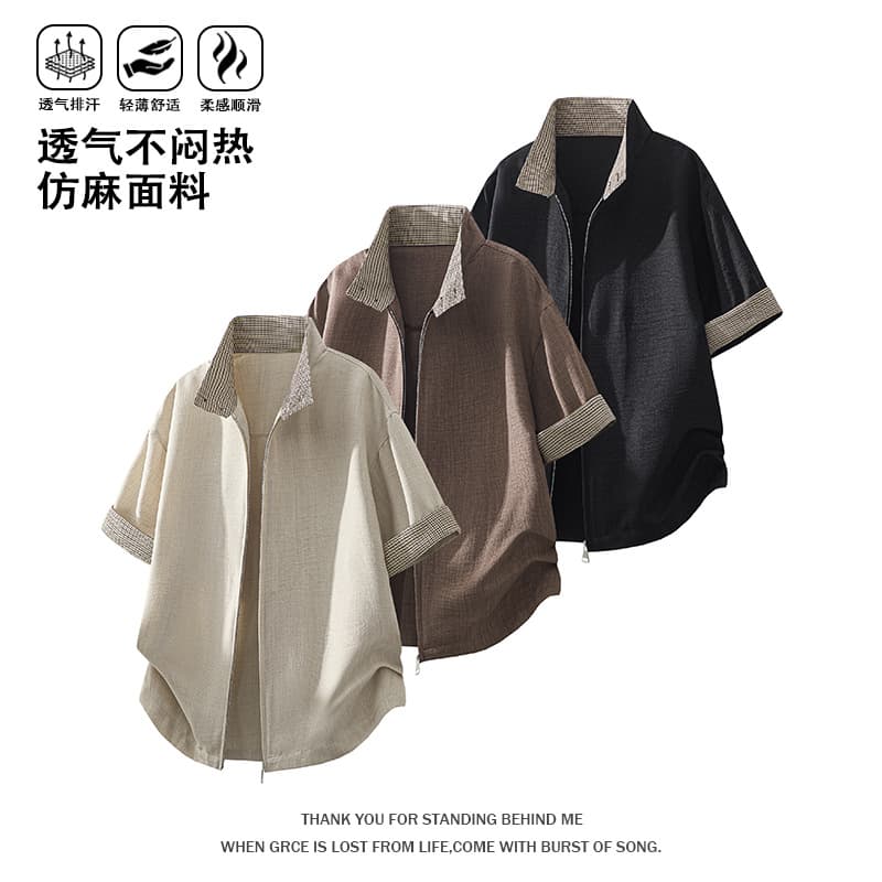 2026 Summer New Trendy Casual Versatile Plaid Patchwork Stand Collar Short-Sleeve Shirt Fake Two-Piece Cross-Border Men's Top